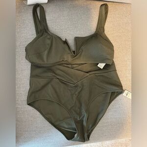 Aerie Shine Pique V Wire Scoop Bikini Top and Bottom Washed Olive XL
